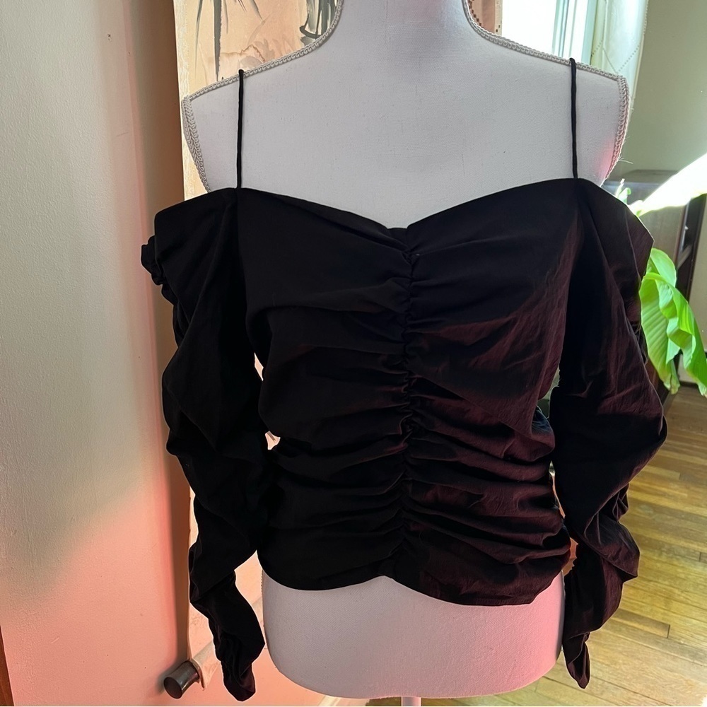ZARA Fitted Draped Top Rouched Long Sleeve Black